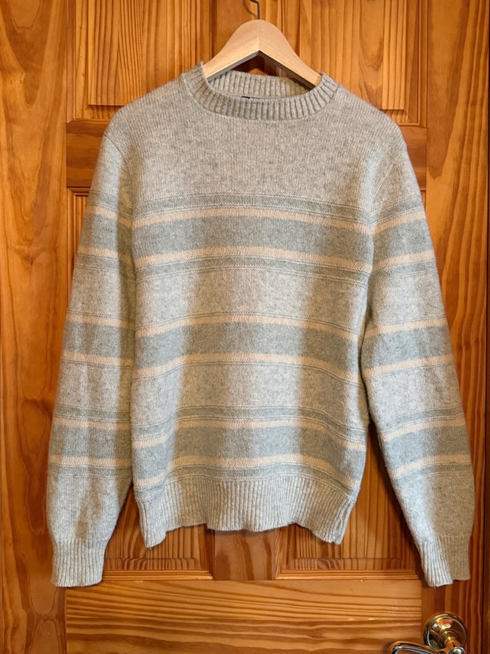 Jantzen Men's Vintage Crewneck Sweater in Light Green and Cream Stripe